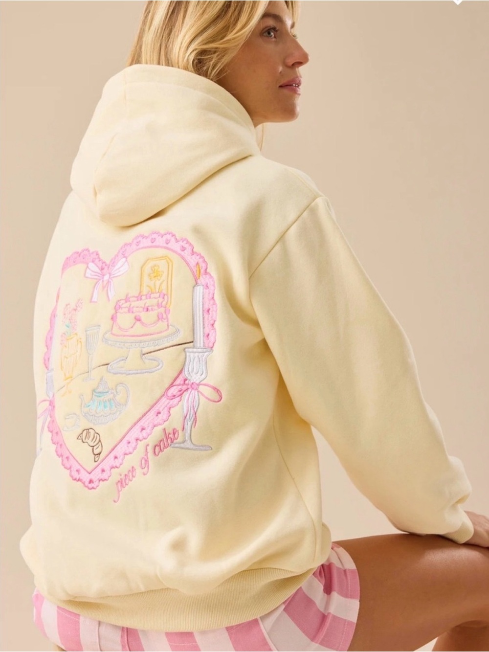 Altar'd State Cream Hoodie with Pink Script Embroidery